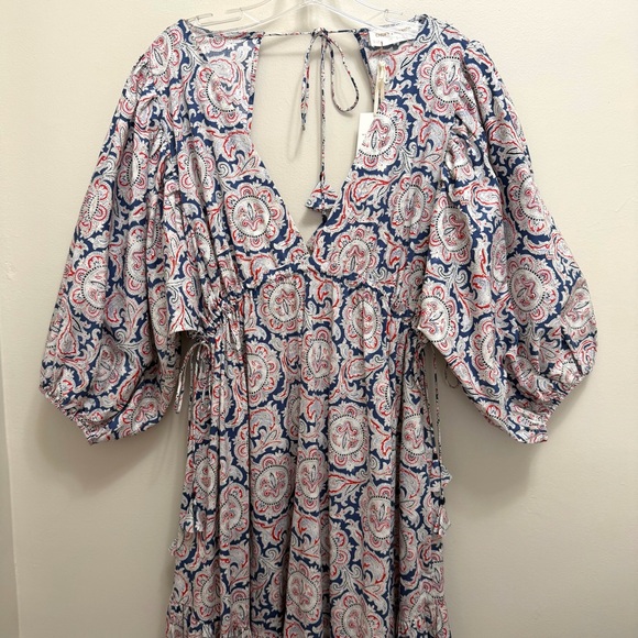 NWT Chufy x Mango Soller Boho Maxi Tiered Dress Puff Sleeve Tassel Blue Red 4 - Picture 6 of 16